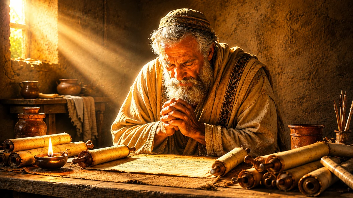 Esdras em oração sobre os rolos