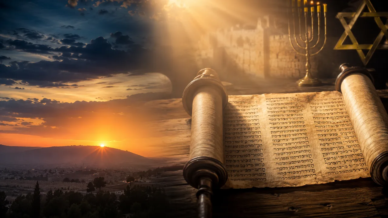 As Cinco Horas do Dia — rolo da Torá e Jerusalém ao entardecer
