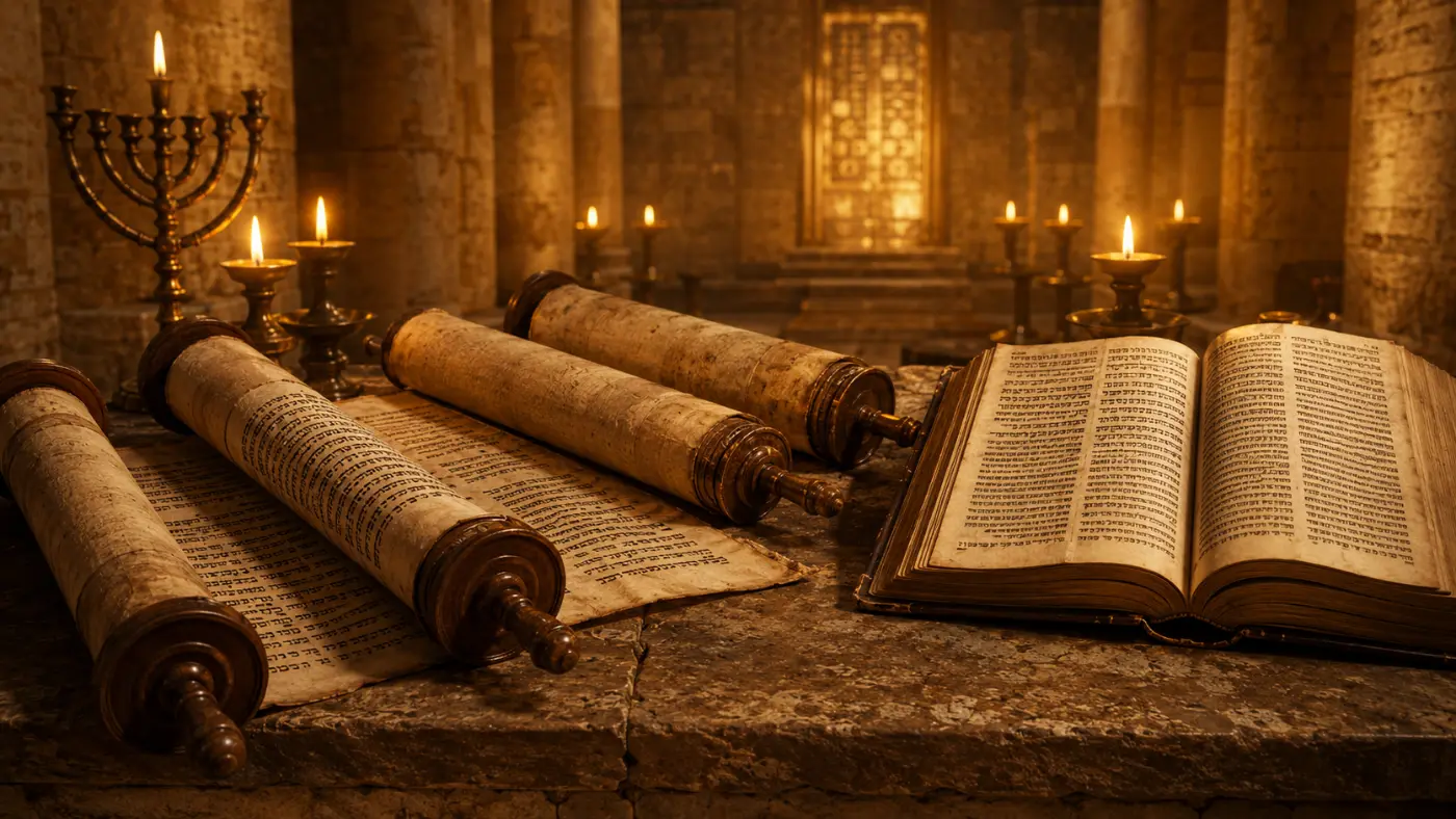 Rolos hebraicos e menorá à luz de velas — o Antigo Testamento