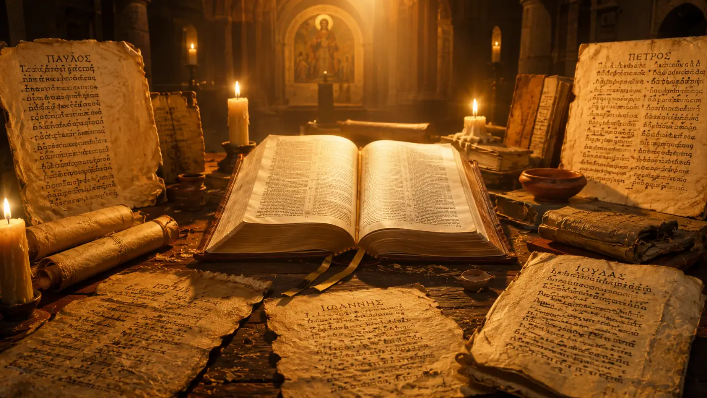 Manuscritos gregos e códices à luz de velas — o Novo Testamento