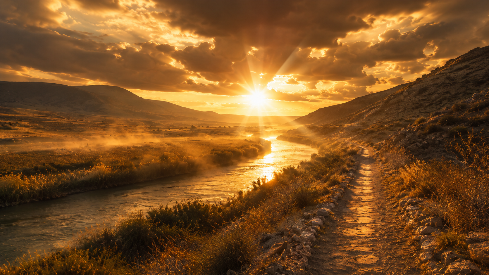 Vale com rio ao pôr do sol — a preparação do Messias