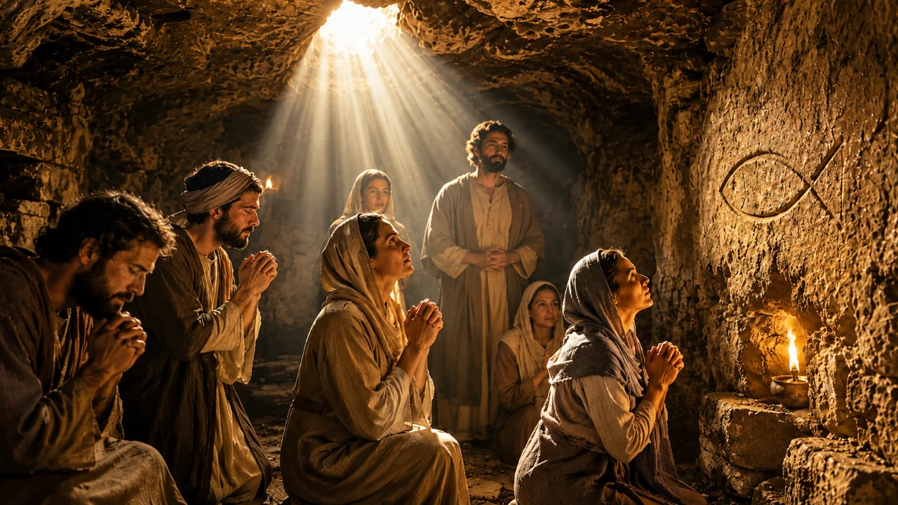 Cristãos dos primeiros séculos orando numa catacumba