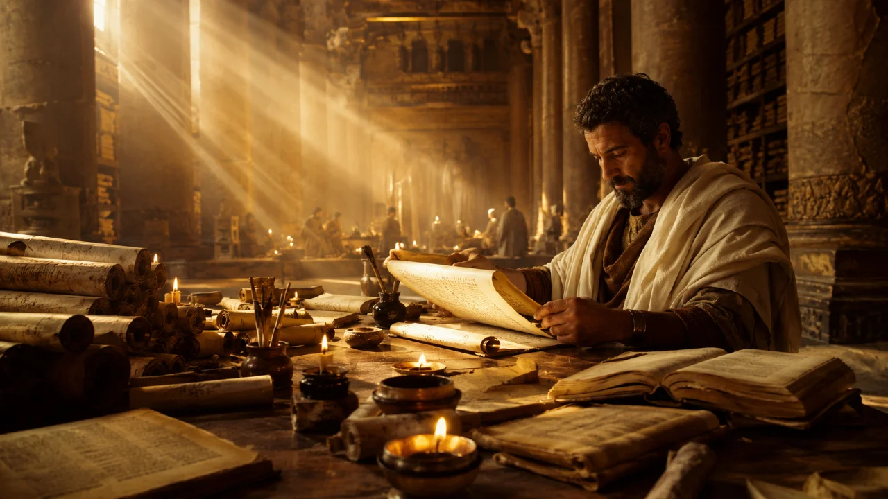 Erudito estudando rolos de pergaminho numa antiga biblioteca