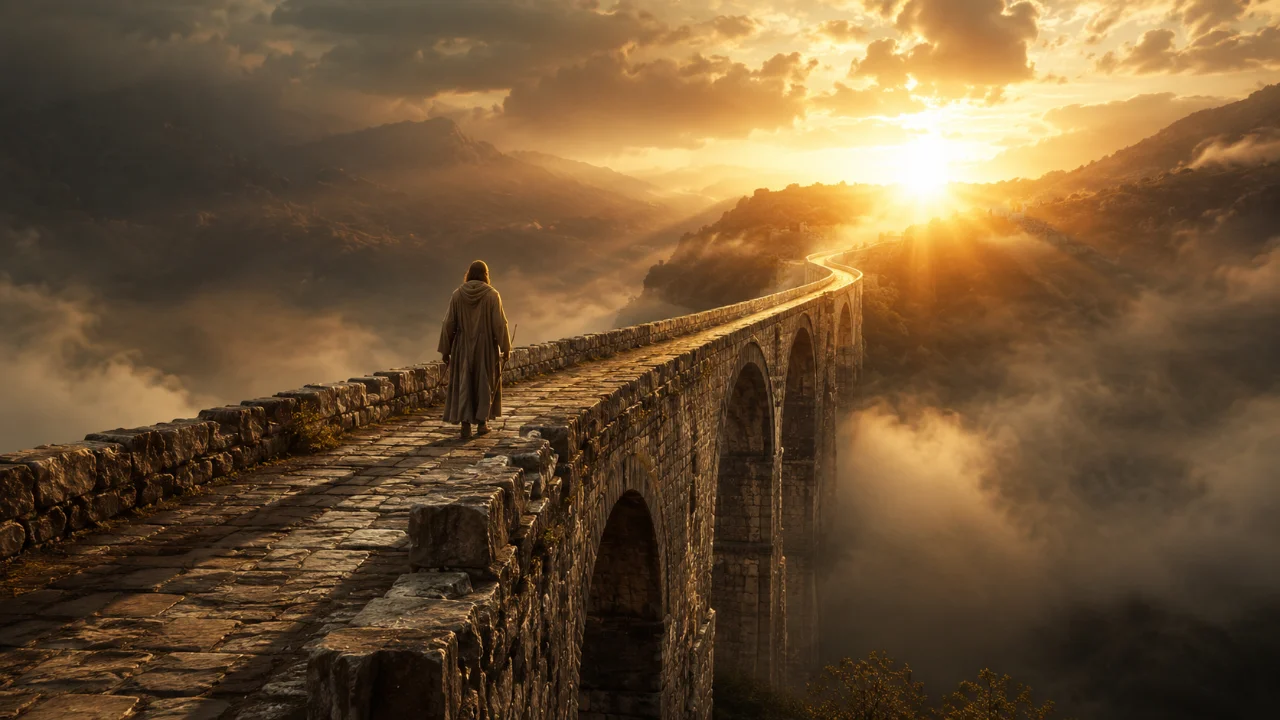 Viajante atravessando uma ponte de pedra em direção à luz do amanhecer