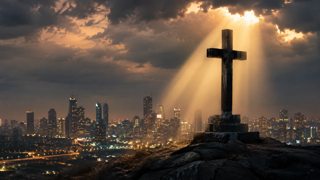 Cruz de pedra sobre uma colina diante de uma cidade moderna, com um raio de luz dourada