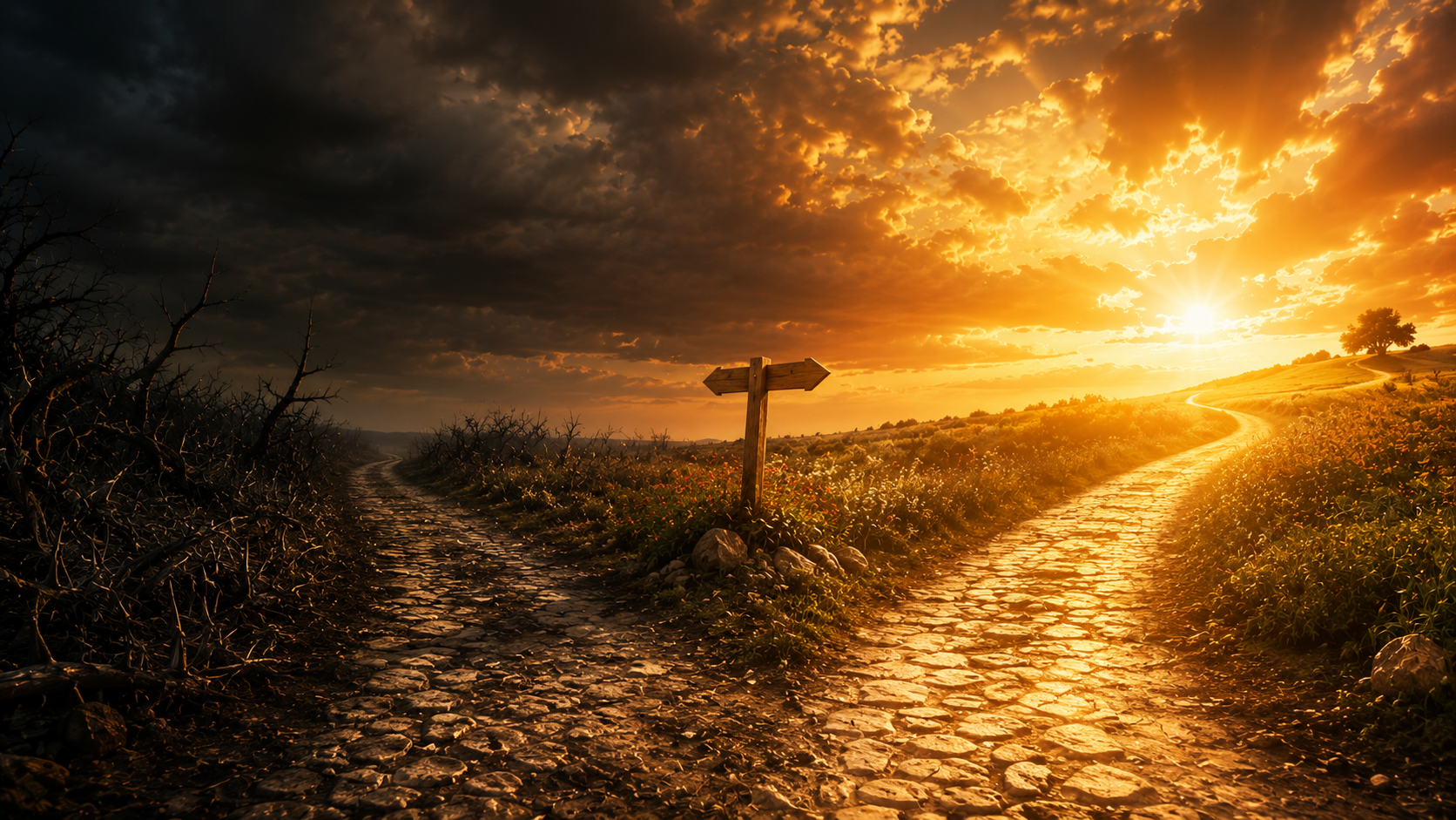 Encruzilhada ao pôr do sol: um caminho sombrio e espinhoso, outro de luz dourada — os dois caminhos