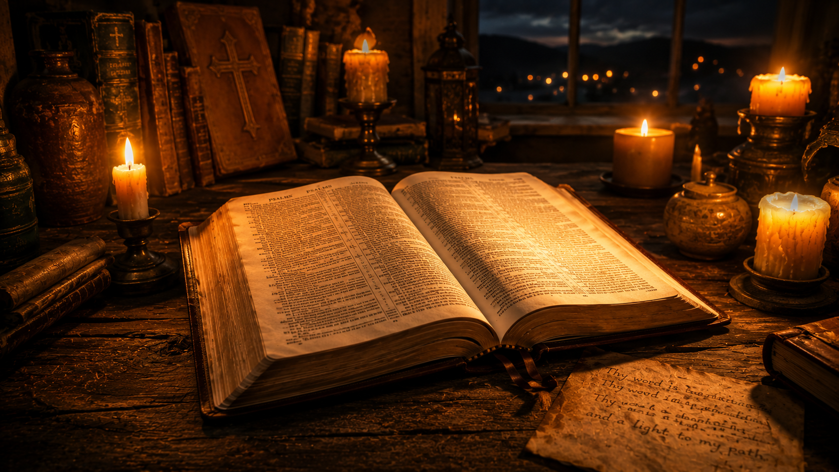 Bíblia aberta à luz de velas na noite — o prazer e a meditação na Lei