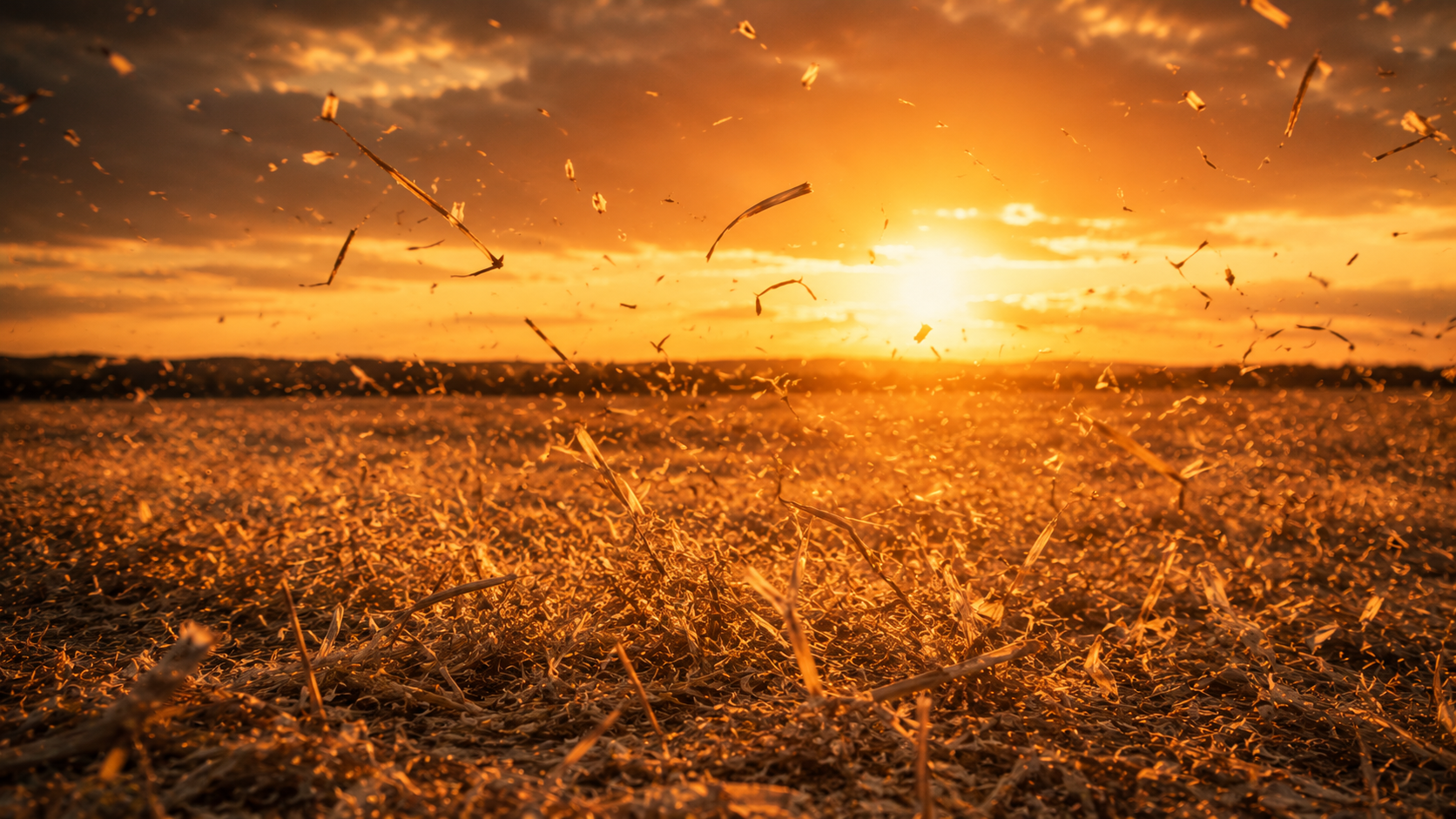 Palha levada pelo vento sobre o campo ao pôr do sol — a moinha