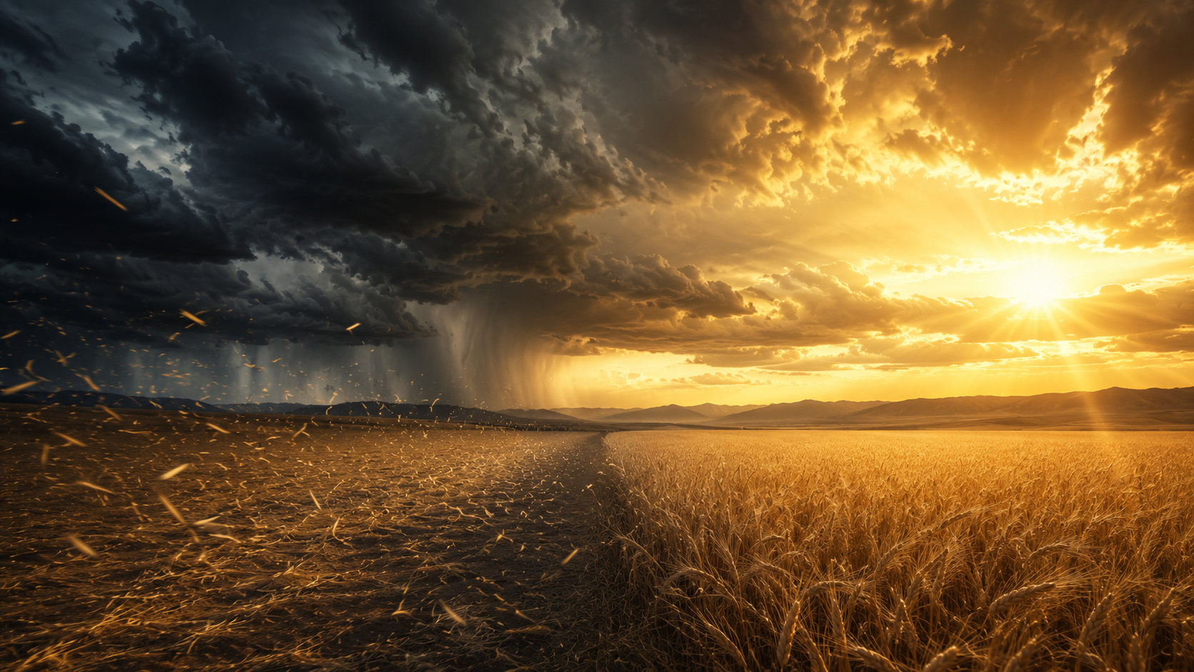 Céu dividido entre tempestade e luz sobre o trigo e a palha — o juízo