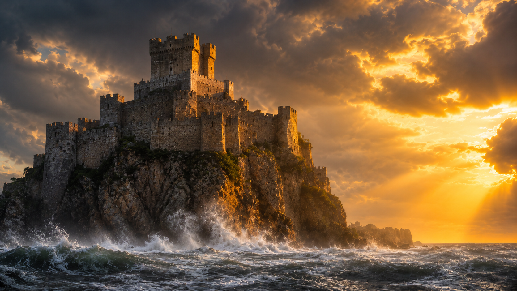 Fortaleza de pedra firme sobre a rocha diante do mar revolto ao pôr do sol — o Salmo do Refúgio