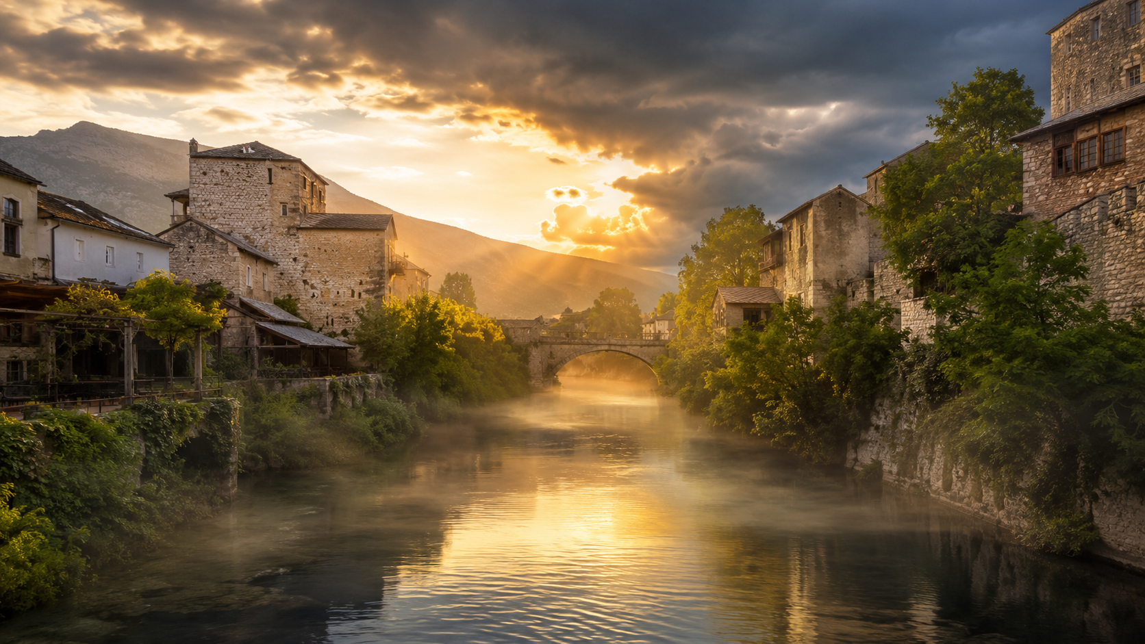 Rio sereno atravessando a cidade de pedra ao amanhecer dourado — o rio que alegra a cidade
