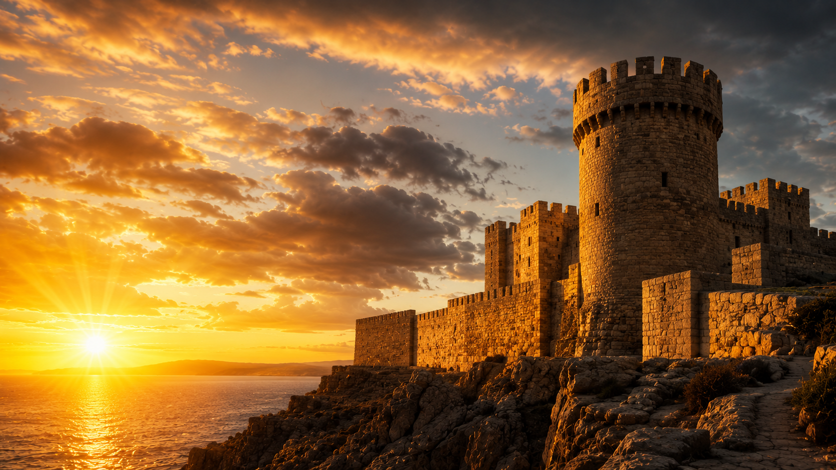 Torre de pedra firme ao nascer do sol dourado junto ao mar — a fortaleza eterna